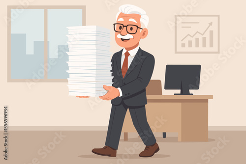 Senior businessman effortlessly carrying a large pile of documents in an office. Happy experienced manager managing paperwork. Concept of productivity, efficiency, and workload. Vector.