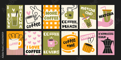 Coffee and matcha posters in cartoon retro style. Cups, green tea, espresso, cappuccino. Colorful illustrations for baristas and kitchens. Decor for cafes and restaurants. Minimalist wall banner
