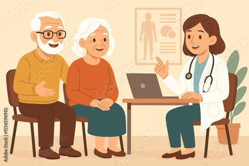 Senior couple doctor consultation. Elderly patient at medical appointment. Geriatrics healthcare concept. Physician giving advice for health and vitality. Retirement medical care.