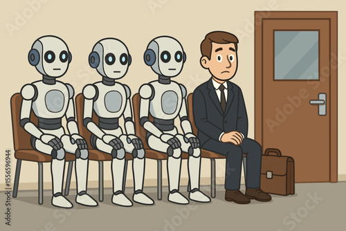 Human competing with AI robots for a job. Anxious businessman candidate in waiting room for an interview. Future of work, automation, workforce replacement, and unemployment.