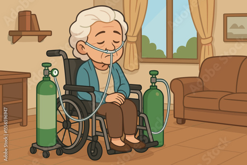 Senior woman in wheelchair on oxygen therapy for COPD. Elderly patient with respiratory disease at home using nasal cannula and oxygen tank. Concept for home care, chronic illness.