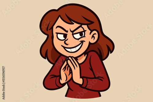 Sly young woman plotting a devious plan with a cunning, evil smile. Mischievous cartoon villain character rubbing her hands, hatching a secret scheme. Concept of revenge or malice.