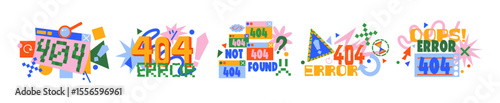 404 error icons in retro cartoon style. Geometric memphis interface elements: warning signs, broken symbols, text messages, question marks, pixel windows, arrows, crosses. Website error