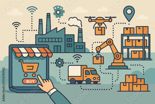 E-commerce logistics and supply chain automation concept. Online order fulfillment from smart factory to customer. Warehouse with robotic arm, drone, and truck for delivery. Vector.