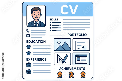 Professional resume and CV template design concept. Job application document with candidate profile, photo, skills, education, experience, and portfolio. Human resources recruitment vector.