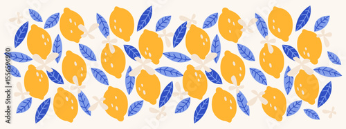 Seamless lemon citrus pattern in retro cartoon style. Endless print with citrus fruits and leaves. Perfect for kitchen textiles, fabric, wrapping paper and summer branding. Funky doodle Illustration