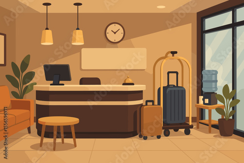 Empty hotel lobby interior with reception desk and luggage. Modern waiting area with contemporary furniture. Travel and hospitality concept. Vector cartoon illustration for check-in.
