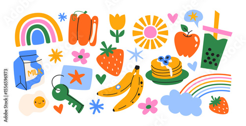 Retro hippie stickers 90s. Cartoon bright psychedelic elements, funky shapes, animals,fruits, vintage. Trendy doodle labels, patches, stamps