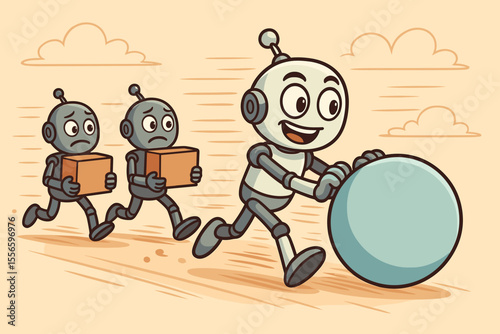 Business metaphor for innovation. Smart robot wins a race by rolling a sphere, beating competitors carrying boxes. Concept for strategy, efficiency, competitive advantage, and leadership.