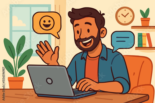 Happy man at home office on video conference call with laptop. Remote work, online communication, e-learning concept. Freelancer character waving during virtual meeting or chat.