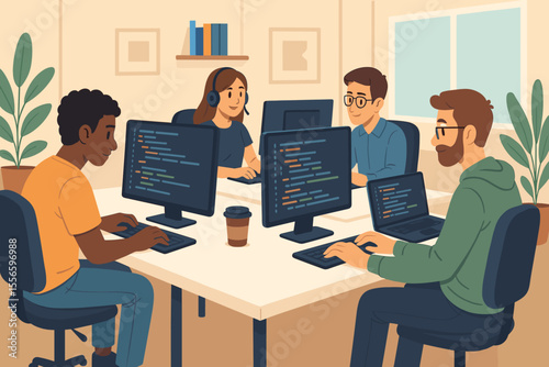 Team of software engineers and programmers coding at computers in a collaborative office. Diverse IT professionals working on a project. Technology teamwork concept vector illustration.