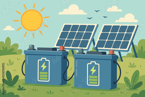 Solar batteries charging with sun power from photovoltaic panels. Concept of renewable energy storage, sustainability, and green technology. Vector cartoon illustration of clean power.