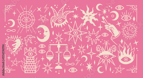 Mystic symbols in retro cartoon style. Esoteric objects: all-seeing eyes, moons, hands, stars. Magic shapes for fortune telling and tarot scene. Illustration in retro cartoon style, funky, doodle.