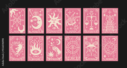 Major Arcana tarot cards in retro cartoon style. Mystical posters with symbolic characters: The Sun, The Moon, The Star, The Tower, The Fool. Fortune telling scene. Illustration in retro cartoon style