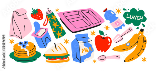 Lunch and snack stickers set. Cartoon takeout boxes, sandwiches, drinks, snacks, and school lunch essentials. Fun doodle colorful illustrations for lunchtime and take away food