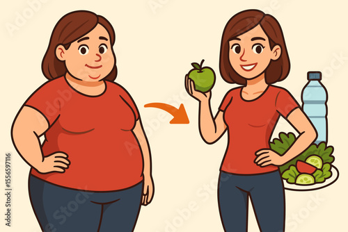 Female Weight Loss Transformation Before and After. Healthy Diet, Fitness, Nutrition. Overweight to Slim Woman Change. Cartoon Vector Illustration. Eating Habits, Salad, Water, Apple, Lifestyle