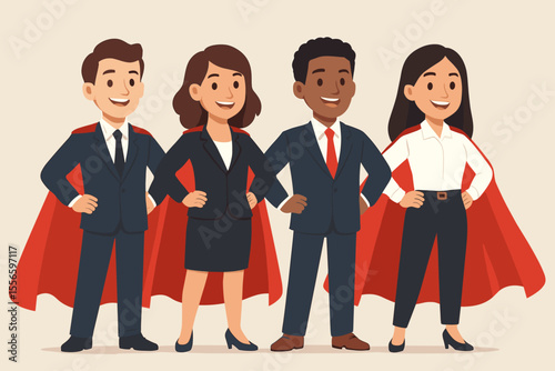Business team superheroes concept. Diverse young business leaders in suits and red capes. Leadership, teamwork, empowerment, motivation, corporate success, professional cartoon vector illustration