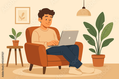 Young man relaxing in cozy armchair with laptop, working from home in modern living room interior, surrounded by houseplants, warm lighting, casual lifestyle, remote work, vector illustration