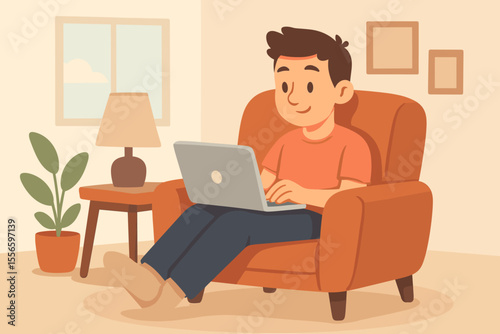 Relaxed young man working from home on laptop in cozy armchair, casual living room interior with plant, lamp, window, framed pictures, remote work, freelance, comfortable workspace vector illustration