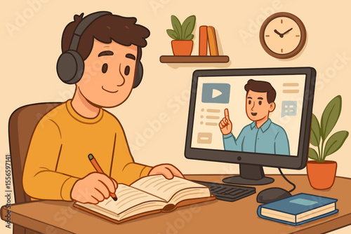 Cartoon young man studying online at home, wearing headphones, writing notes, watching virtual lesson on desktop computer, distance education, e-learning, remote study workspace, cozy interior
