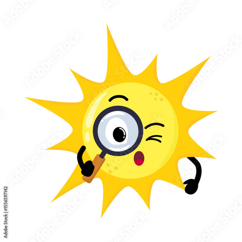 Cute Hand Drawn Curious Sun with Magnifying Glass