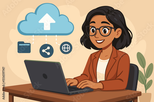 Remote work concept. Young professional woman using laptop at desk with cloud computing, file sharing, online storage, data upload, internet connection. Modern technology vector cartoon illustration.