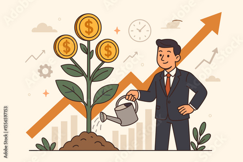 Businessman watering a money tree. Concept for investment growth, financial strategy and long-term profit. Nurturing capital for wealth building, return on investment, ROI, and savings.