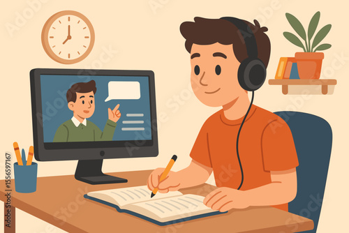 Online education and e-learning concept. Student boy with headphones studies remotely at home, watching a virtual class webinar. Teacher on computer screen. Distance learning vector.