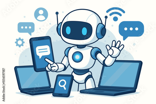 AI chatbot robot providing online customer service and support. Cute cartoon virtual assistant character with smartphone and laptop. Modern communication and automation technology concept.
