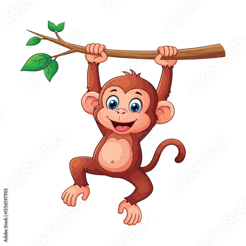 Cartoon Monkey Hanging From Branch.
