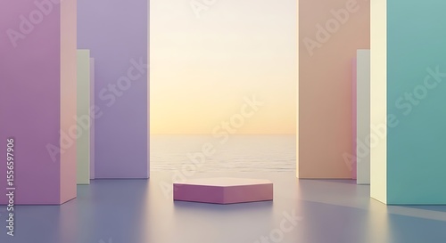 Pastel Geometric Abstraction with Ocean View and Pink Podium, Serene Minimalist Design
