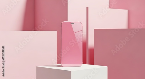 Pink Smartphone on White Cube with Geometric Pink Background, Minimalist Product Display