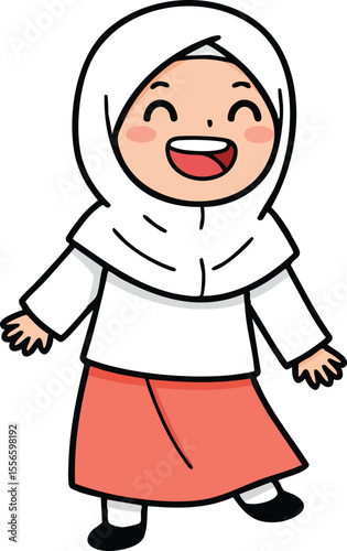 Happy little girl wearing white hijab and coral skirt smiling joyful cheerful vector illustration