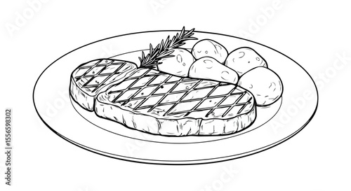 Hand Drawn Grilled Steak with Potatoes on Plate Illustration

