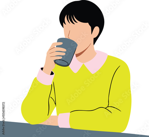 Man drinking beverage in yellow sweater with pink collar sitting at table vector illustration