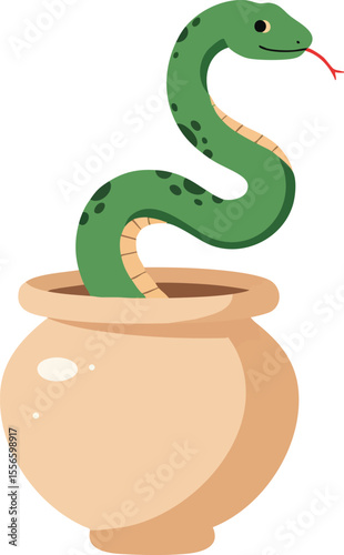 Green snake curling out of beige clay pot vector design illustration
