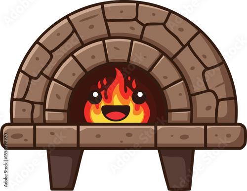 Cute happy stone oven with fire burning inside adorable smiling brick pizza oven vector design