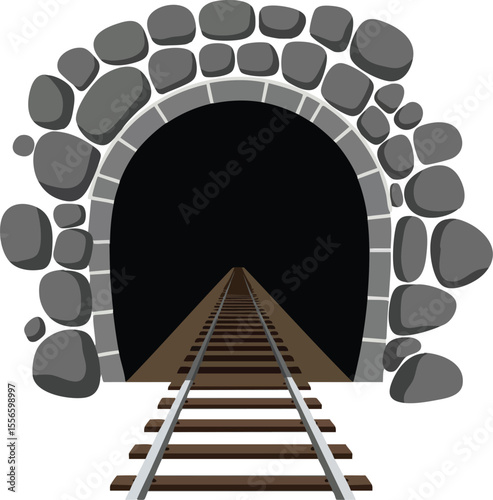 Railway tunnel entrance with stone arch and metal railroad tracks extending into darkness vector illustration