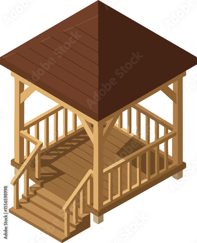 Wooden gazebo with brown roof and open railing structure in isometric style for garden or park relaxation vector illustration
