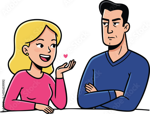 Couple having conversation with woman smiling and man looking serious in casual clothing vector illustration