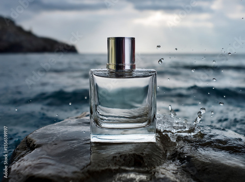 Wallpaper Mural Clear transparent glass perfume bottle with a minimalist rectangular shape and chrome cap, placed on a wet stone surface, surrounded by a water splash with the ocean in the background. Torontodigital.ca