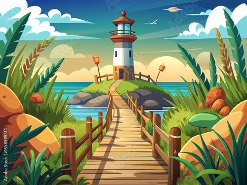 vector of The lighthouse at the entrance to the sea is full of plants and long reeds and wooden fences that show the way to the sea.