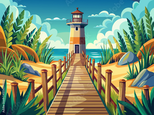 vector of The lighthouse at the entrance to the sea is full of plants and long reeds and wooden fences that show the way to the sea.