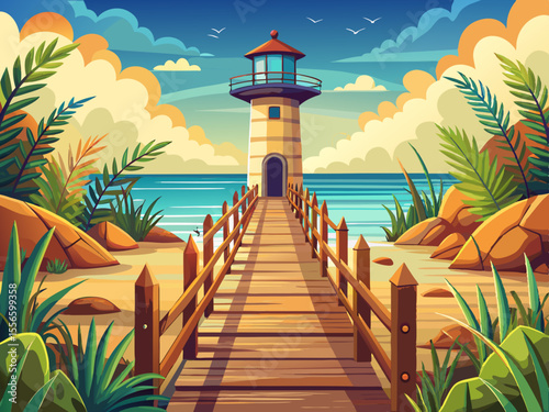 vector of The lighthouse at the entrance to the sea is full of plants and long reeds and wooden fences that show the way to the sea.