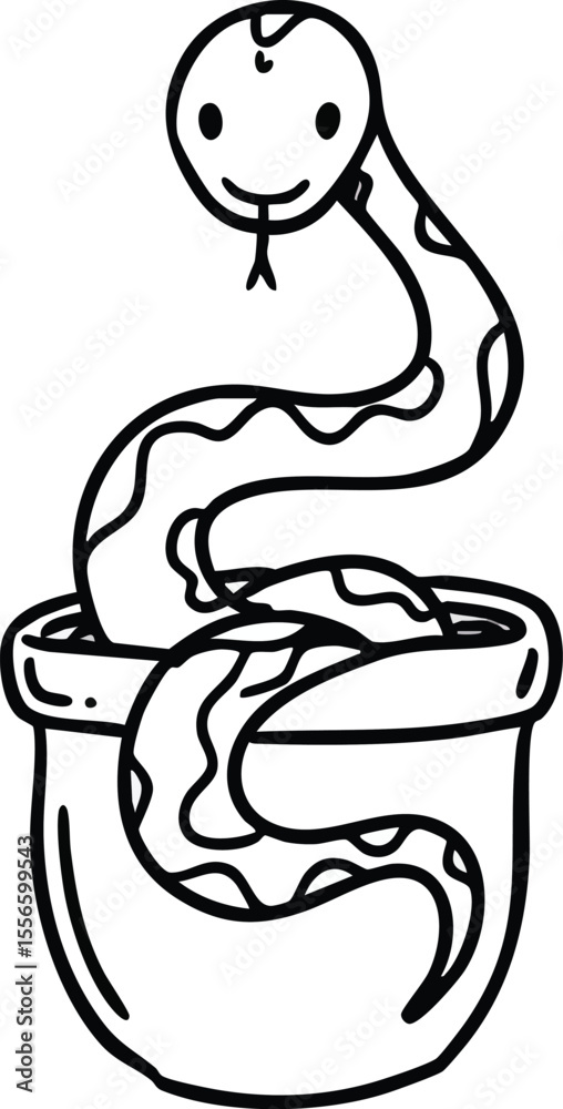 Obraz premium Snake emerging from small pot simple black line art vector drawing illustration