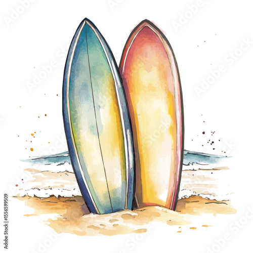 watercolor vector of Surfboards Resting Sand Waves, isolated on a white background.