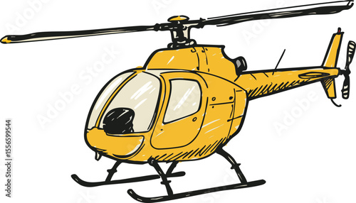 Yellow helicopter flying vehicle with detailed sketch style and black outlines in simple hand-drawn vector format