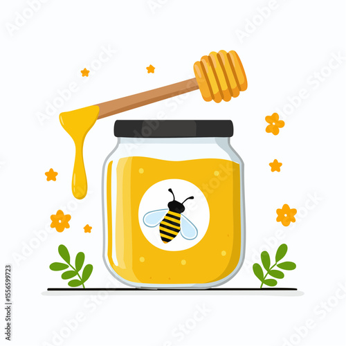 A jar of honey with dipper and bee icon
