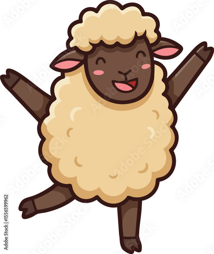 Happy cartoon sheep jumping with joy and fluffy wool in playful cheerful mood vector illustration