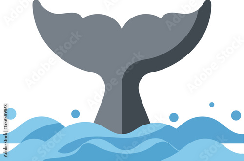 Whale tail diving into ocean water with splash waves simple flat design vector illustration